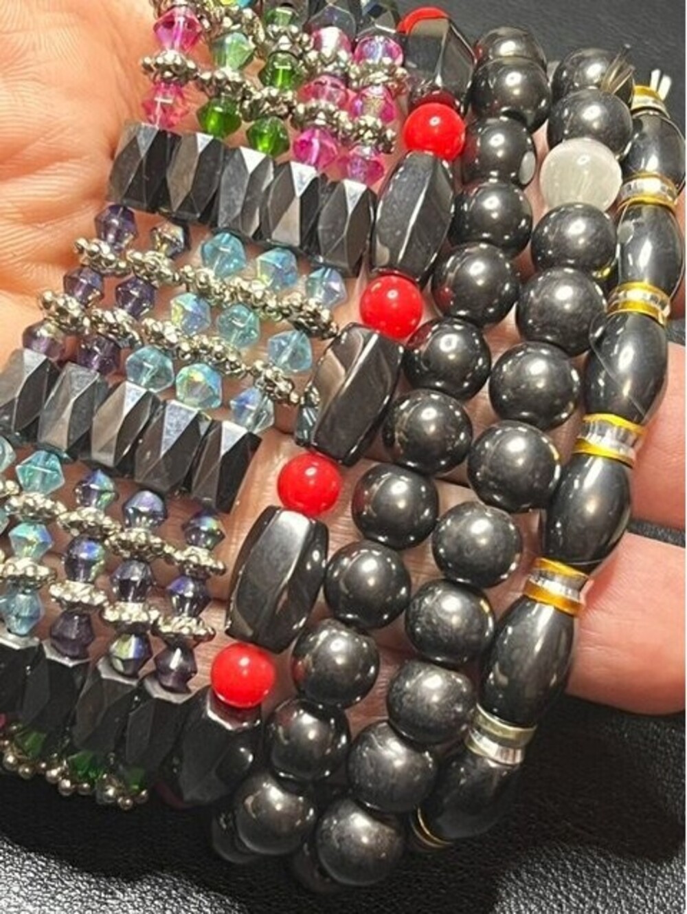B6629 5pc Magnetic Hematite Beaded Bracelet Stack Set Crystal Bead Stretch